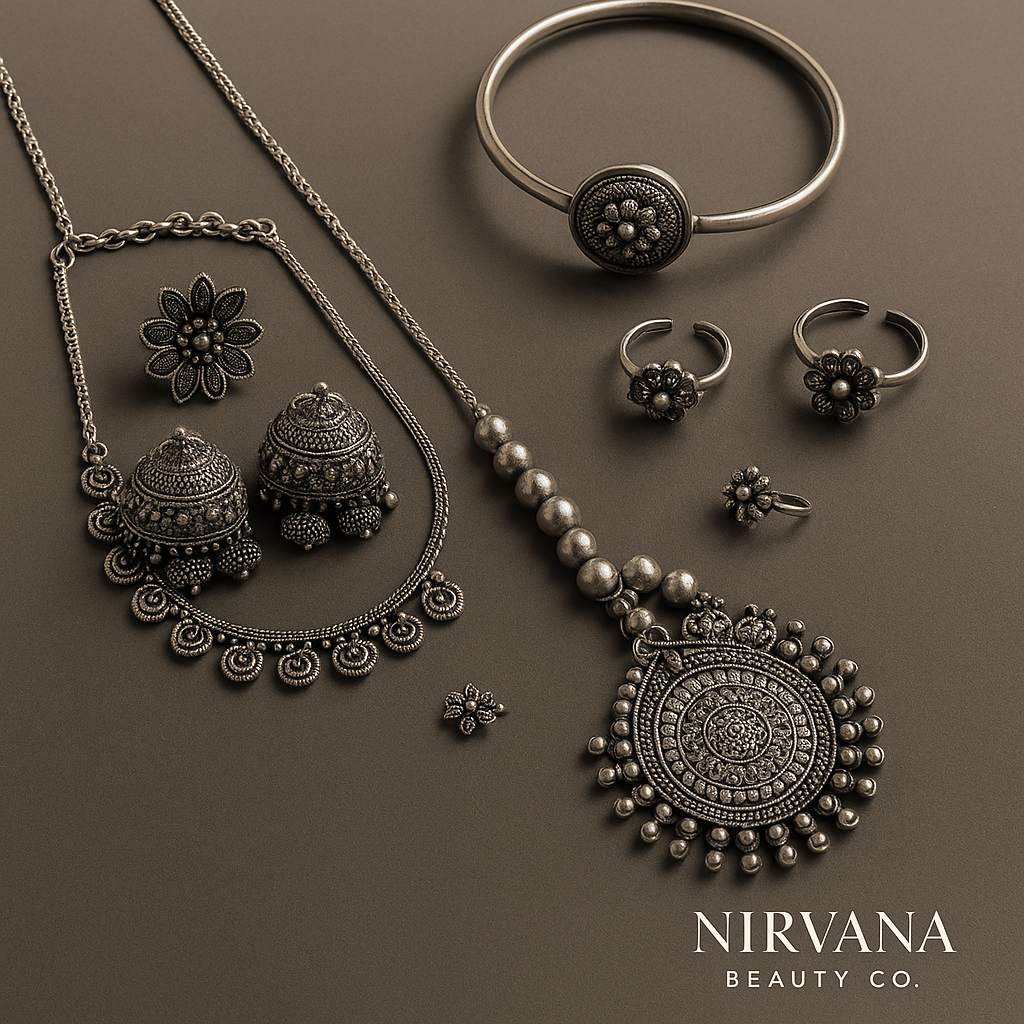 Antique Oxidised Necklace Set with Kada, Ring & Nose Pin